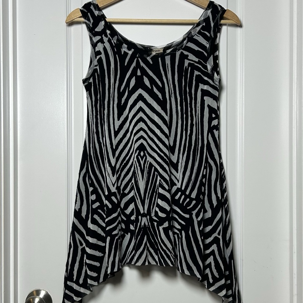 Fuzzi Vintage Made in Italy Stretch Mesh Zebra Graphic Print Asymmetric Tank Top